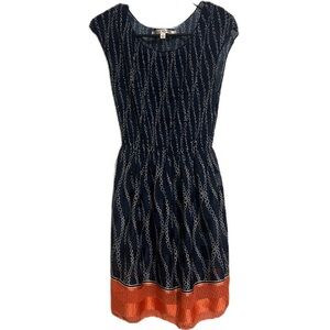 Max Studio Navy and Orange Chain Print Midi Dress Size Large